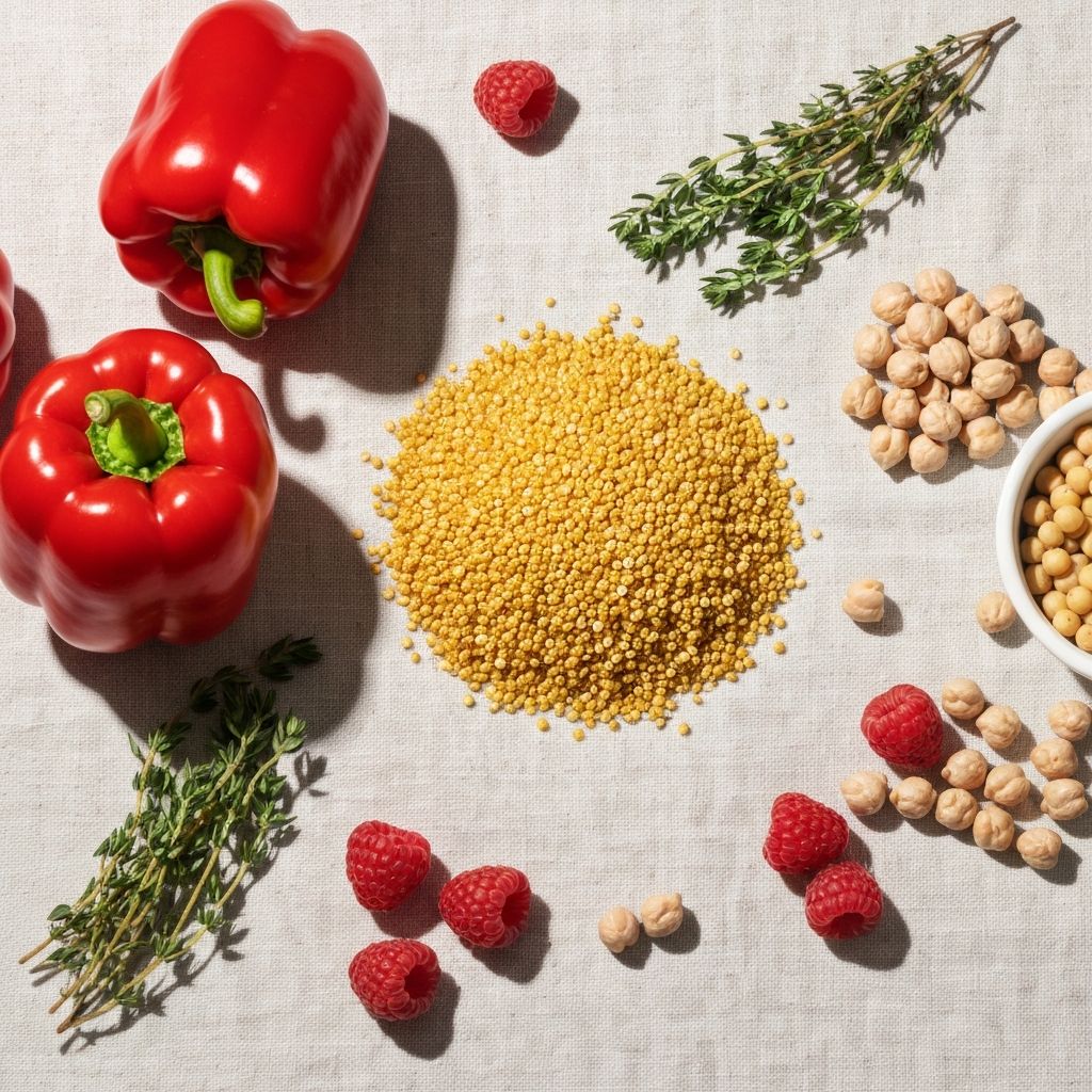 Verschiedene Lebensmittelgruppen: Gemüse, Früchte, Getreide, Hülsenfrüchte und Kräuter auf einer Leinenfläche angeordnet